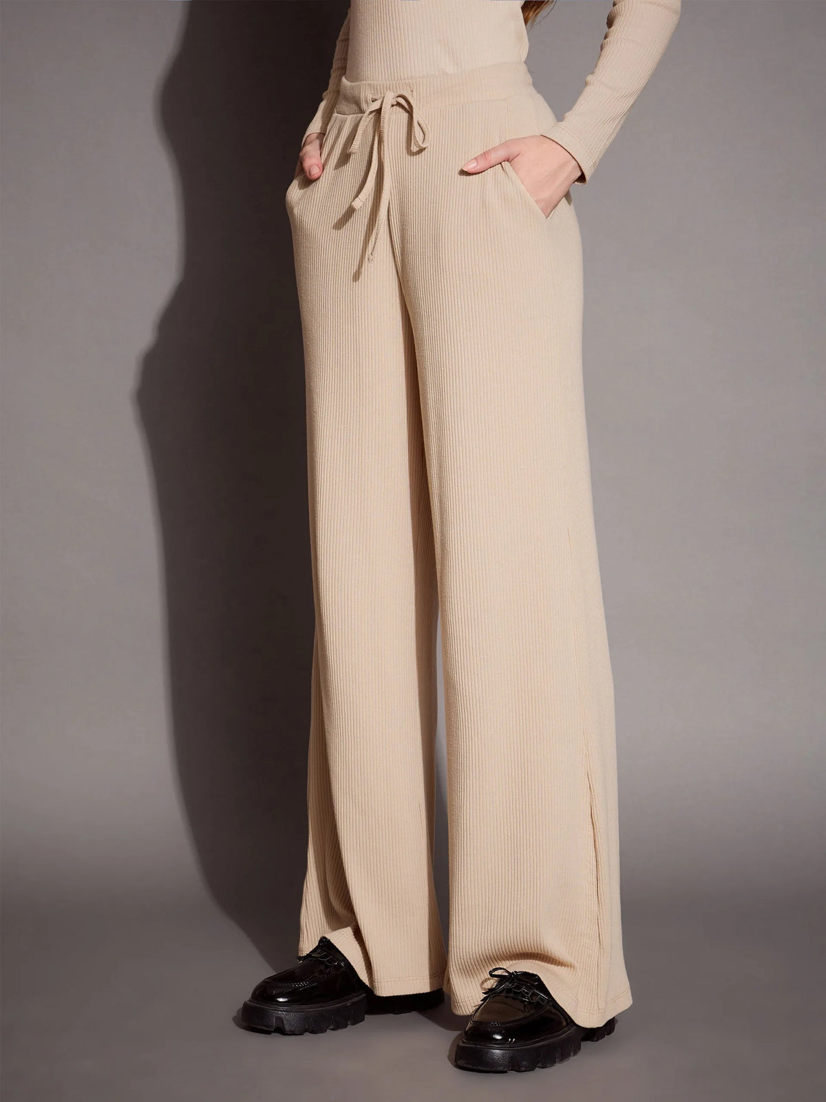 Women Beige Rib Drawstring Pants