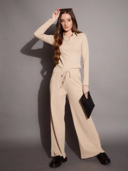 Women Beige Rib Drawstring Pants