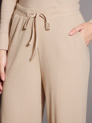 Women Beige Rib Drawstring Pants