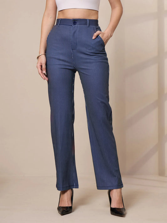 Women Navy Striped Straight Fit Trousers