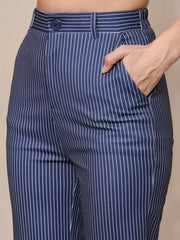 Women Navy Striped Straight Fit Trousers