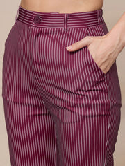 Women Maroon Striped Straight Fit Trousers