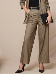 Women Beige Striped Straight Wide Leg Trousers