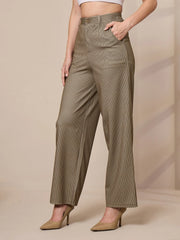 Women Beige Striped Straight Wide Leg Trousers