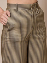 Women Beige Striped Straight Wide Leg Trousers