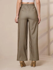 Women Beige Striped Straight Wide Leg Trousers