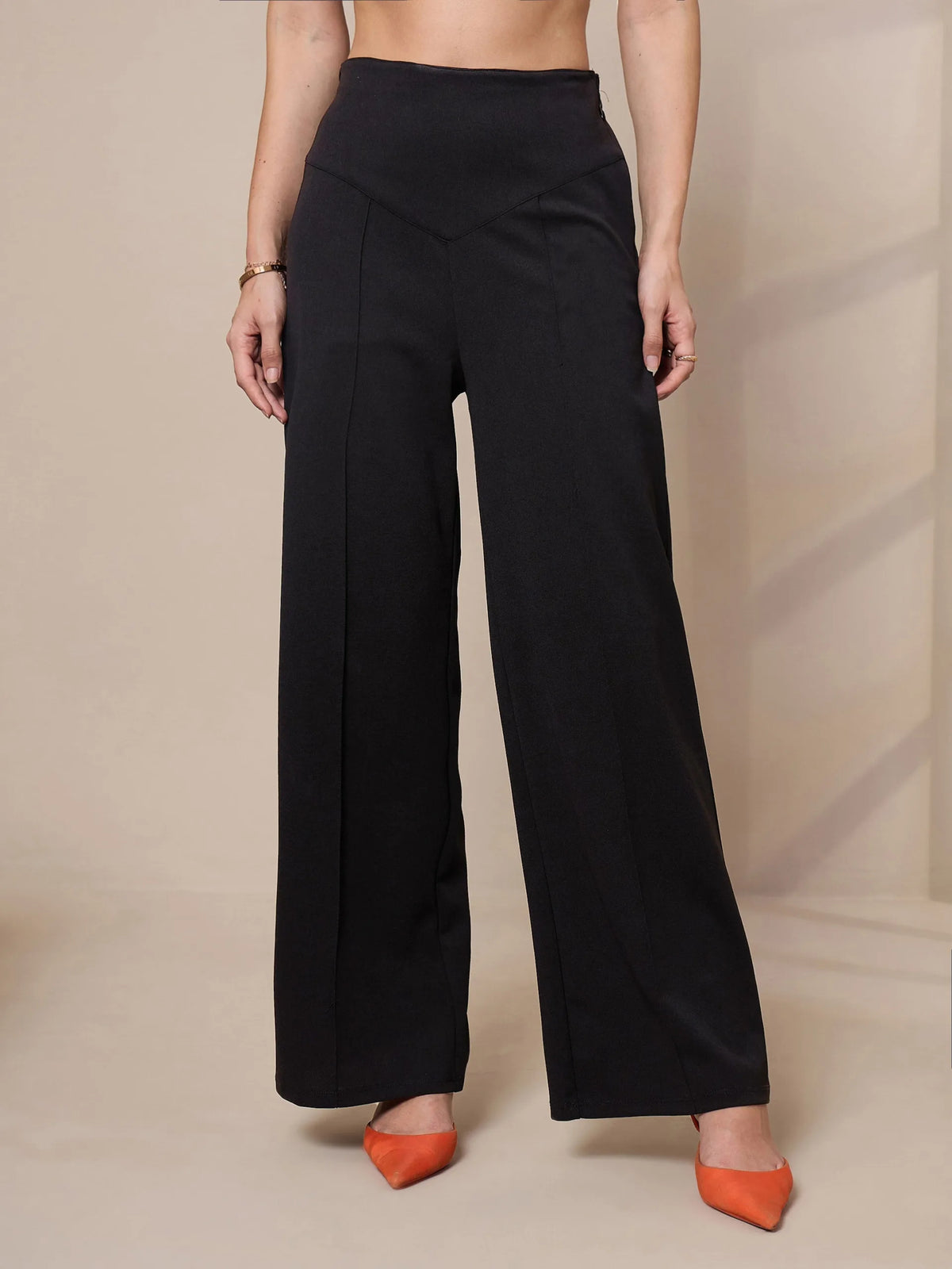 Women Black Front Darted Elasticated Pants