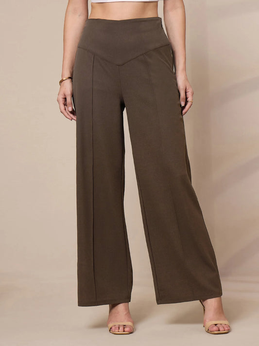 Women Brown Front Darted Elasticated Pants