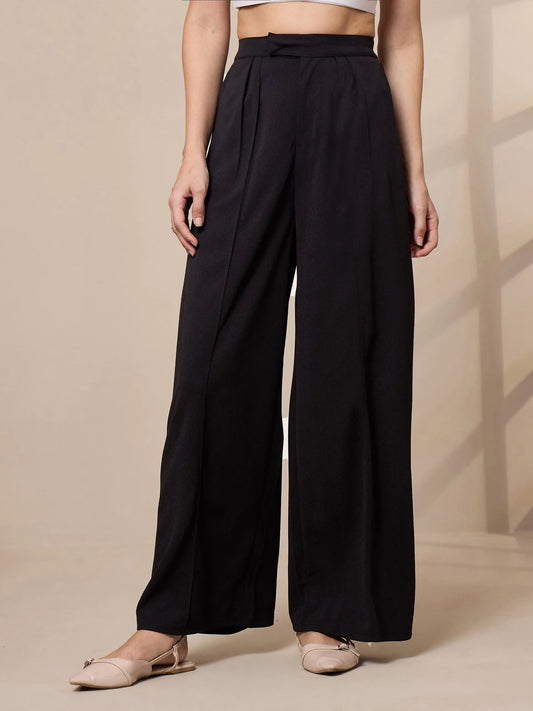 Women Black Pleated Wide Leg Trousers