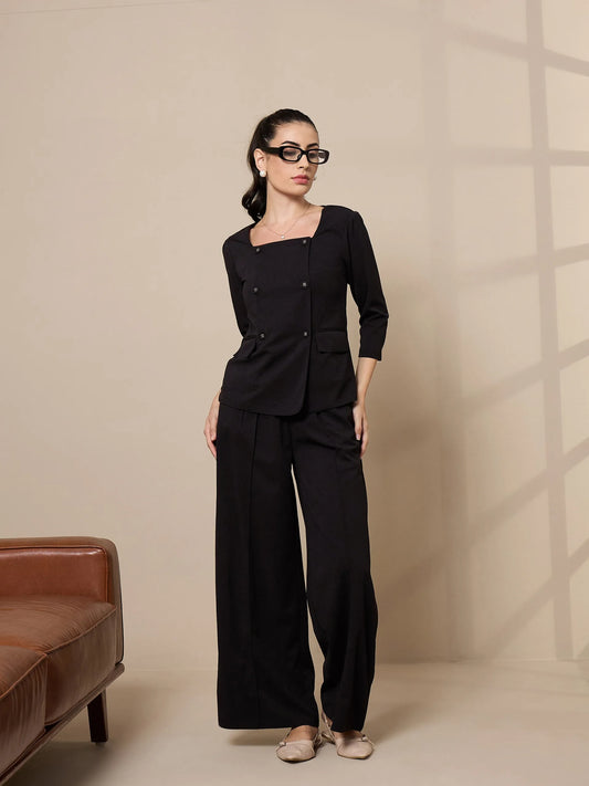 Women Black Pleated Wide Leg Trousers