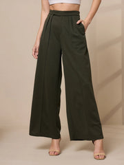 Women Olive Pleated Wide Leg Trousers