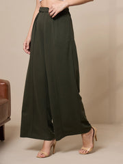 Women Olive Pleated Wide Leg Trousers