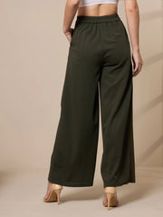 Women Olive Pleated Wide Leg Trousers