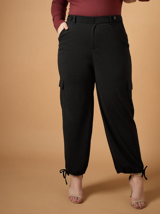 Women Black Solid Pull Hem Cargo Pants