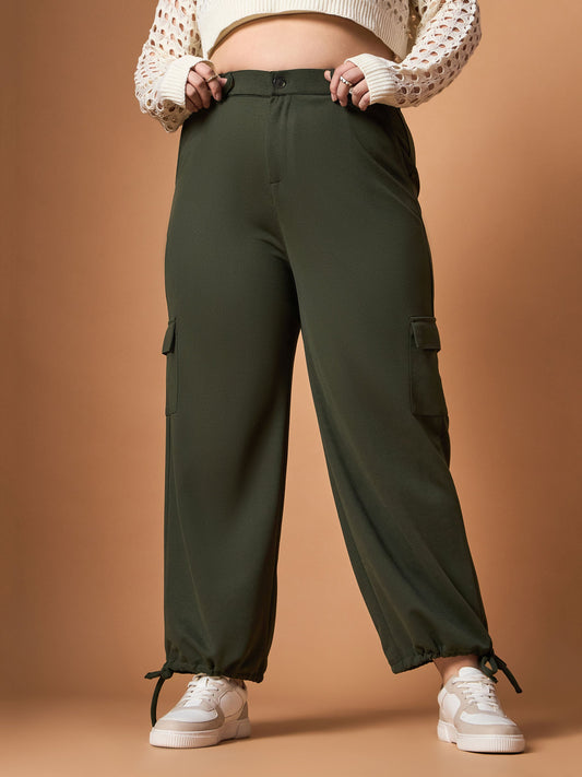 Women Olive Solid Pull Hem Cargo Pants