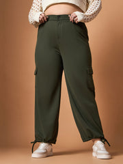 Women Olive Solid Pull Hem Cargo Pants