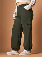 Women Olive Solid Pull Hem Cargo Pants