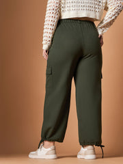 Women Olive Solid Pull Hem Cargo Pants