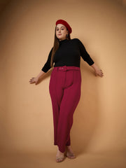 Women Maroon Belt Detail Straight Pants