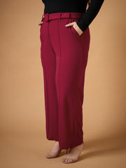 Women Maroon Belt Detail Straight Pants