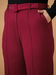 Women Maroon Belt Detail Straight Pants