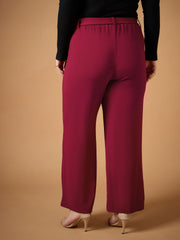 Women Maroon Belt Detail Straight Pants