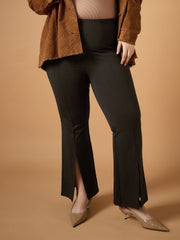 Women Brown Front Slit Detail Bell Bottom Pants