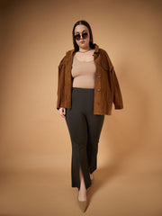 Women Brown Front Slit Detail Bell Bottom Pants