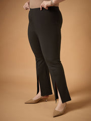 Women Brown Front Slit Detail Bell Bottom Pants