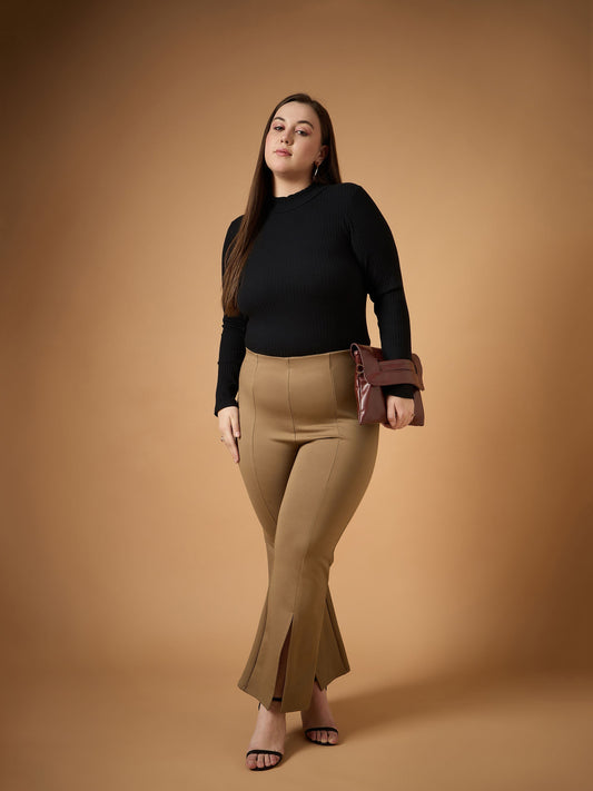 Women Beige Front Slit Detail Bell Bottom Pants