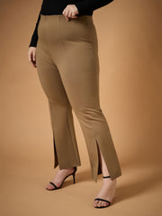 Women Beige Front Slit Detail Bell Bottom Pants