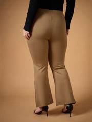 Women Beige Front Slit Detail Bell Bottom Pants