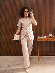 Women Taupe Button Down Top with Pants