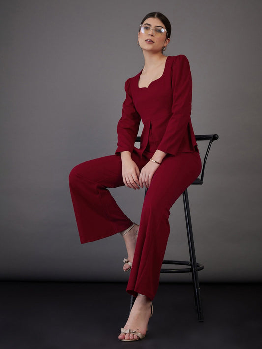 Women Red Peplum Top With Bell Bottom Pants