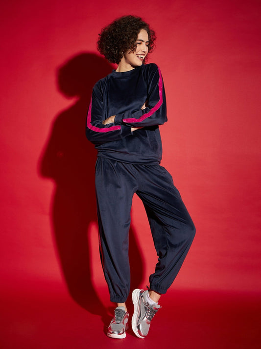 Sassafras - Women Navy Velour Tape Detail Sweatshirt With Joggers