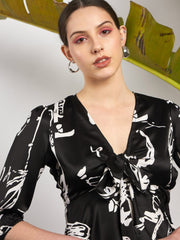 Women Black Satin Abstract Front Tie Top With Pants