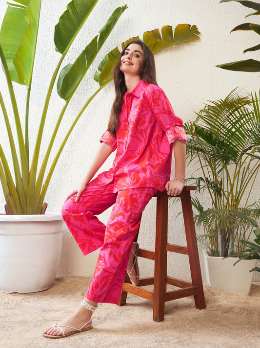 Women Magenta Floral Shirt With Lounge Pants