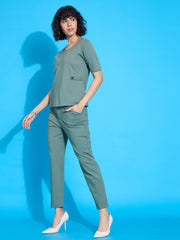 Women Green Half Sleeves Top With Tapered Pants