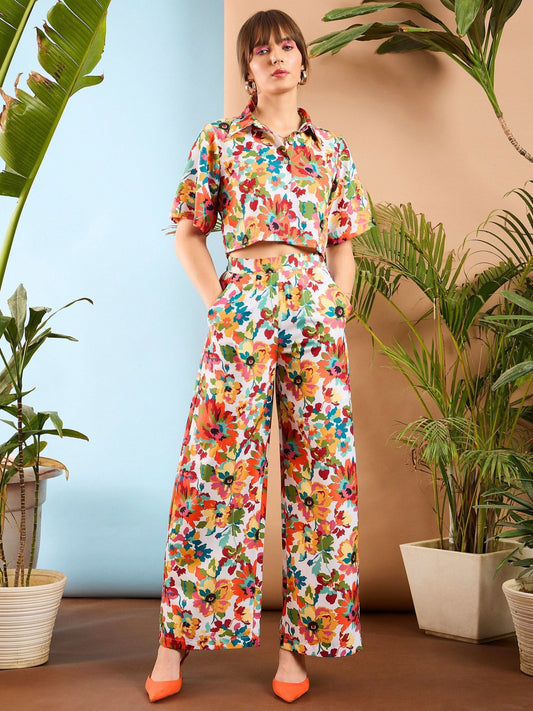 Women Orange Floral Crop Shirt With Pants