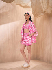 Sassafras - Women Pink & White Ikat Shorts with Bustier and Shrug