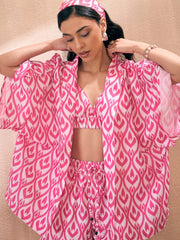 Sassafras - Women Pink & White Ikat Shorts with Bustier and Shrug