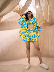 Sassafras - Women Yellow & Blue Ikat Shorts with Bustier and Shrug