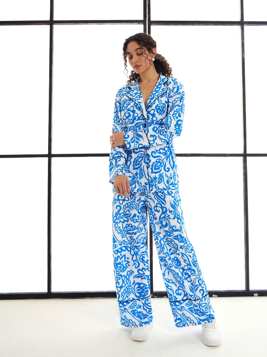 Women Blue Floral Lounge Shirt With Pants