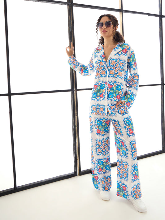 Women Blue & White Floral Lounge Shirt With Pants