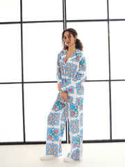 Women Blue & White Floral Lounge Shirt With Pants