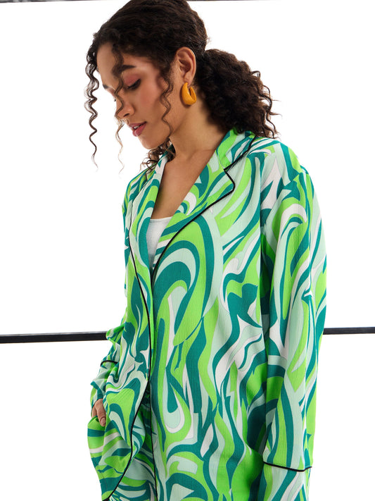 Women Green Abstract Print Lounge Shirt With Pants