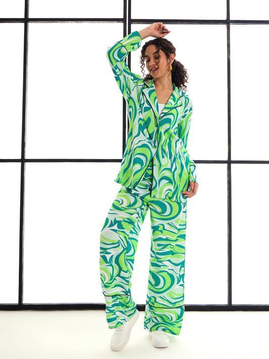 Women Green Abstract Print Lounge Shirt With Pants