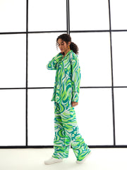 Women Green Abstract Print Lounge Shirt With Pants