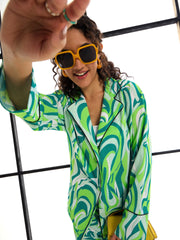 Women Green Abstract Print Lounge Shirt With Pants