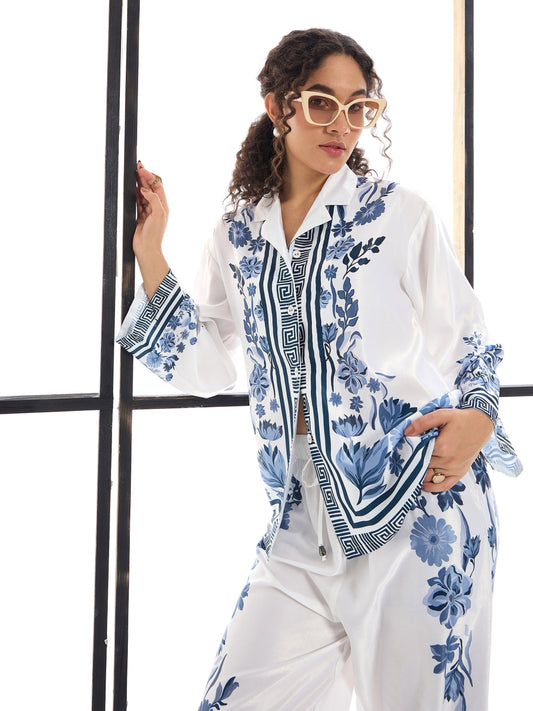 Women White & Blue Floral Lounge Shirt With Pants